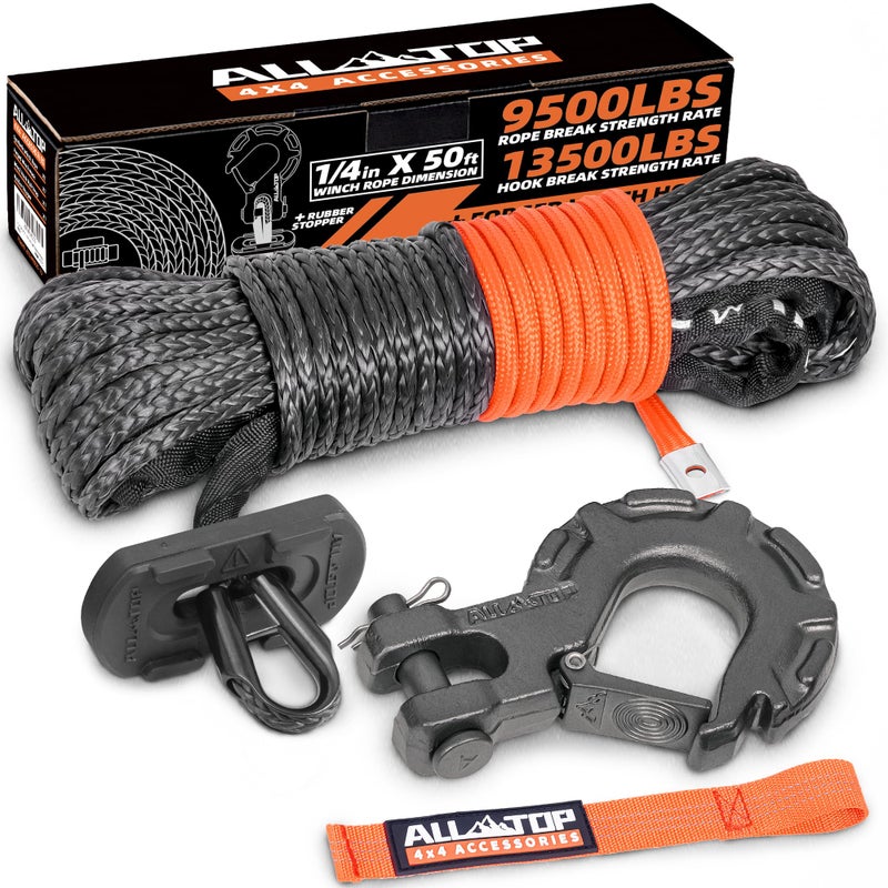 ALL-TOP Synthetic Winch Rope w/Hook & Isolator, 1/4in x 50ft, 9500Lbs UHMWPE Cable Replace Kit, Forged Hook & Rubber Stopper & Safety Pull Strap - Image 1